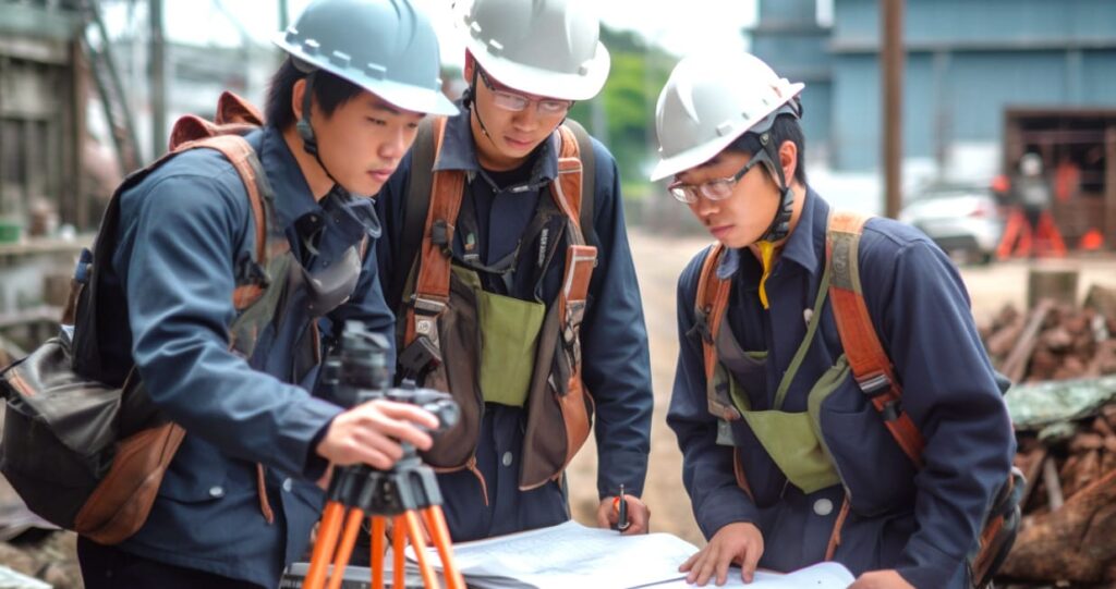 話し合う作業服の男性